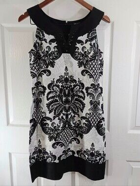 Karen Kane Linen Shift Dresd Sz 8 Black White Damask Rhinestone Boho Chic Resort